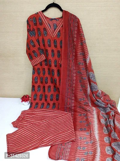 Stylish Red Cotton Blend Printed Kurta, Bottom and Dupatta Set for Women-thumb0