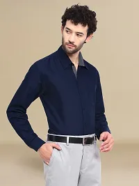 Stylish Cotton Navy Blue Solid Regular Fit Long Sleeve Formal Shirt For Men-thumb2