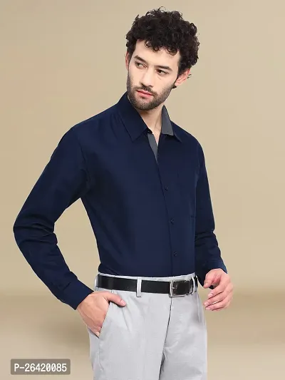 Stylish Cotton Navy Blue Solid Regular Fit Long Sleeve Formal Shirt For Men-thumb3