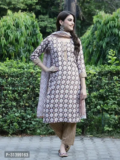 Stylish Beige Cotton Blend Printed Kurta Bottom and Dupatta Set For Women-thumb4