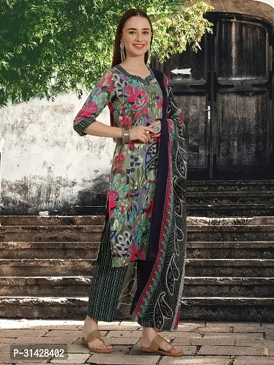 Stylish Multicoloured Cotton Blend Printed Kurta, Bottom and Dupatta Set For Women-thumb4