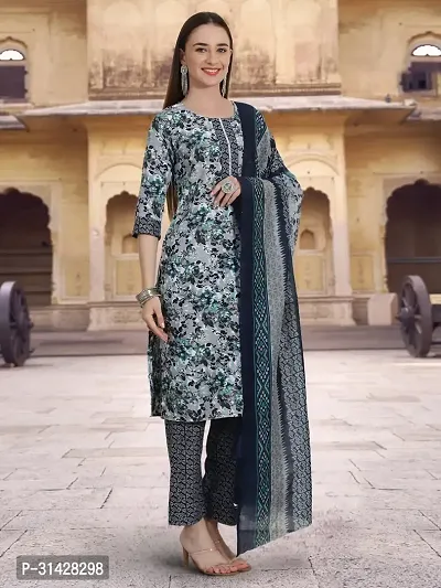 Attractive Grey Printed Cotton Blend Kurta Pant With Dupatta For Women-thumb4