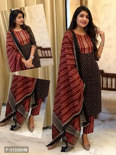 Elegant Black Viscose Rayon Printed Straight Kurta, Bottom and Dupatta Set For Women-thumb0