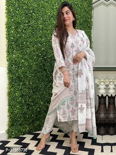 Stylish White Viscose Rayon Printed Kurta, Bottom and Dupatta Set For Women