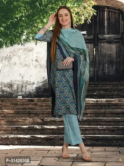 Stylish Teal Cotton Blend Printed Kurta, Bottom and Dupatta Set For Women-thumb0