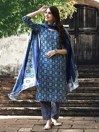 Stylish Blue Cotton Blend Printed Kurta, Bottom and Dupatta Set For Women-thumb1