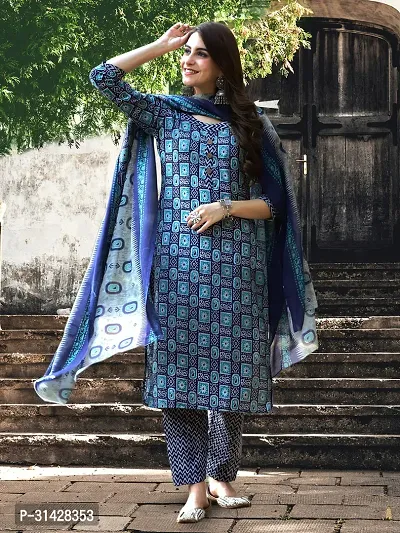 Stylish Blue Cotton Blend Printed Kurta, Bottom and Dupatta Set For Women-thumb2