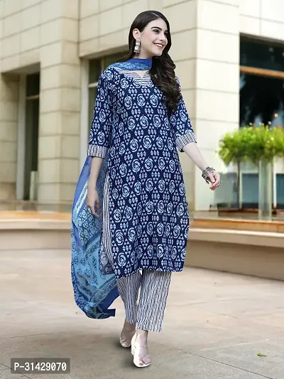 Stylish Navy Blue Cotton Blend Printed Kurta, Bottom and Dupatta Set For Women-thumb0