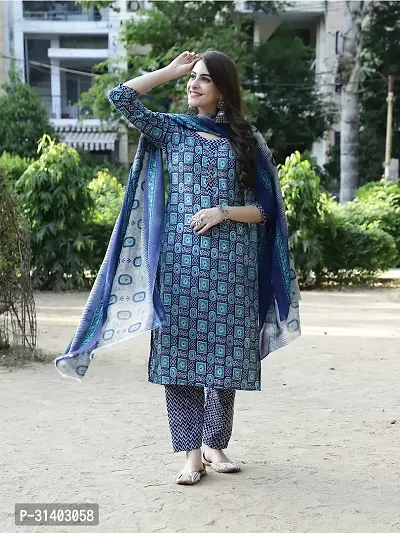 Stylish Blue Cotton Blend Kurta, Bottom And Dupatta Set For Women-thumb4