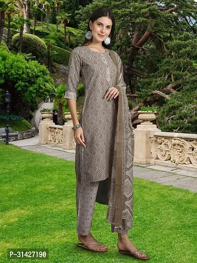 Stylish Brown Cotton Blend Printed Kurta, Bottom and Dupatta Set For Women-thumb5