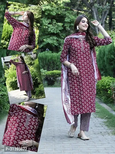 Beautiful Cotton Blend Printed Kurta Pant And Dupatta Set For Women-thumb0