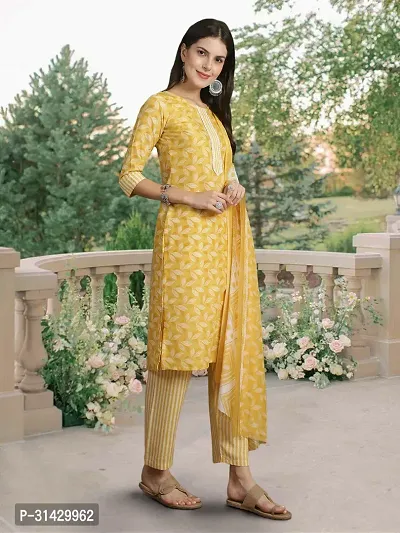 Stylish Yellow Cotton Blend Printed Kurta Bottom and Dupatta Set For Women-thumb4