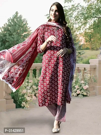 Stylish Maroon Cotton Blend Printed Kurta Bottom and Dupatta Set For Women-thumb3