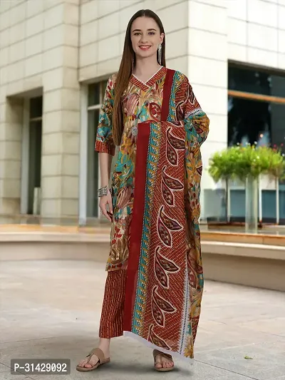 Stylish Multicoloured Cotton Blend Printed Kurta, Bottom and Dupatta Set For Women-thumb0