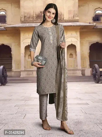 Attractive Grey Printed Cotton Blend Kurta Pant With Dupatta For Women-thumb5