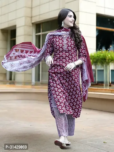 Stylish Maroon Cotton Blend Printed Kurta, Bottom and Dupatta Set For Women-thumb0