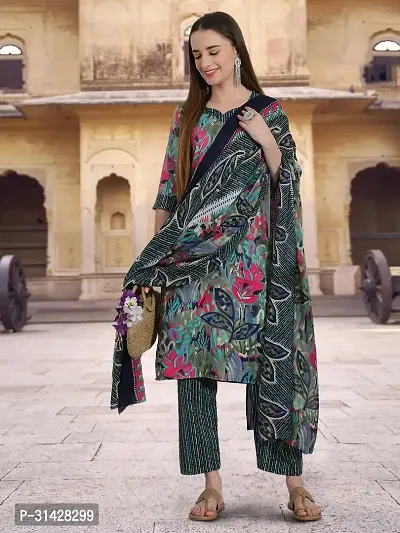 Attractive Green Printed Cotton Blend Kurta Pant With Dupatta For Women-thumb5