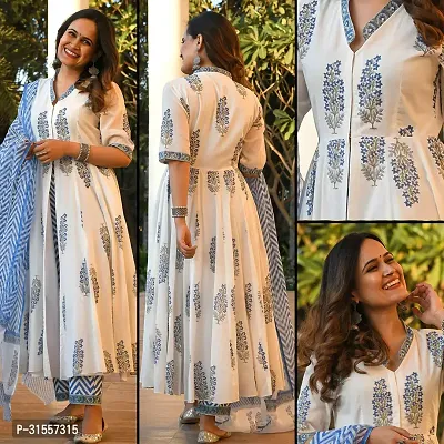 Stylish White Viscose Rayon Printed Kurta, Bottom and Dupatta Set For Women-thumb2