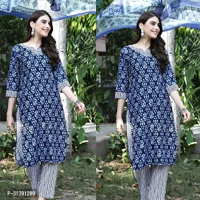 Stylish Navy Blue Cotton Blend Printed Kurta, Bottom and Dupatta Set For women-thumb0