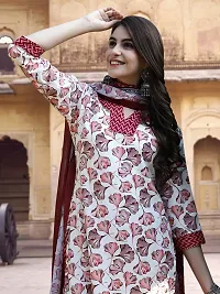 Attractive White Printed Cotton Blend Kurta Pant With Dupatta For Women-thumb3