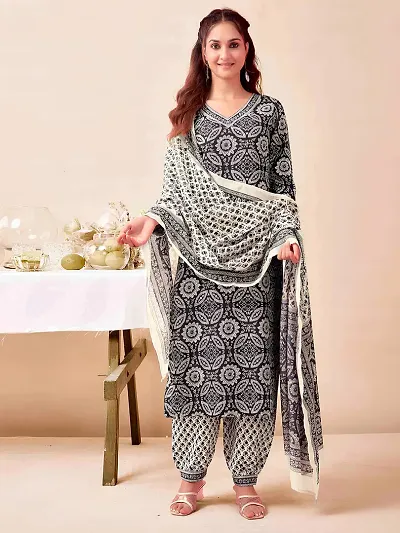 Stylish Viscose Rayon Printed Kurta Bottom Dupatta Set