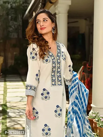 Stylish White Viscose Rayon Printed Kurta Bottom and Dupatta Set For Women-thumb3