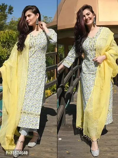 Stylish Yellow Viscose Rayon Kurta, Bottom And Dupatta Set For Women