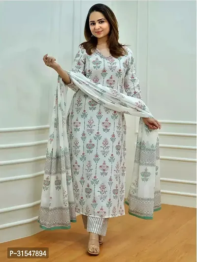 Trendy White Printed Kurta Pant With Dupatta For Women-thumb2