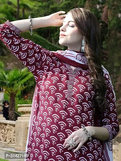 Stylish Maroon Cotton Blend Printed Kurta, Bottom and Dupatta Set For Women-thumb5