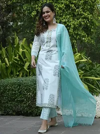 Elegant White Viscose Rayon Printed Straight Kurta, Bottom and Dupatta SetFor Women-thumb1