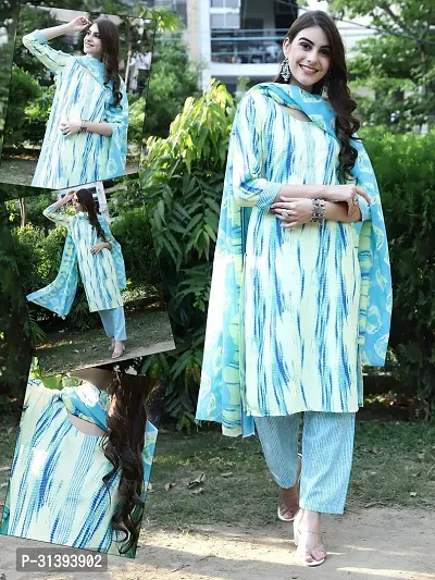 Beautiful Cotton Blend Printed Kurta Pant And Dupatta Set For Women-thumb0