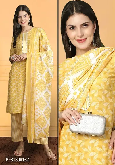 Stylish Yellow Cotton Blend Printed Kurta Bottom and Dupatta Set For Women