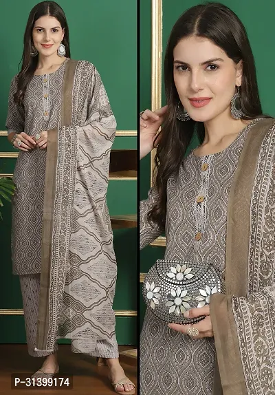 Stylish Grey Cotton Blend Printed Kurta Bottom and Dupatta Set For Women-thumb0