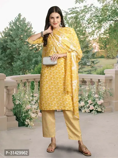 Stylish Yellow Cotton Blend Printed Kurta Bottom and Dupatta Set For Women-thumb5