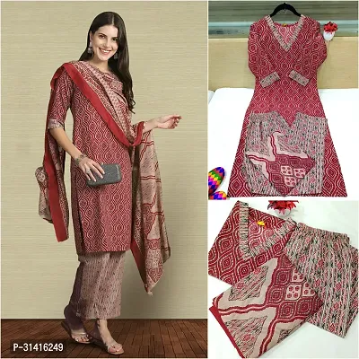 Beautiful Cotton Blend Maroon Printed Kurta Pant And Dupatta Set For Women-thumb0