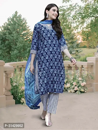 Stylish Navy Blue Cotton Blend Printed Kurta Bottom and Dupatta Set For Women-thumb0