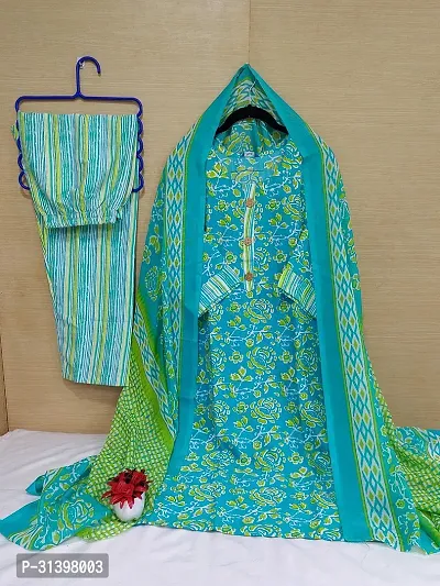 Stylish Turquoise Cotton Blend Printed Kurta Bottom and Dupatta Set For Women-thumb0