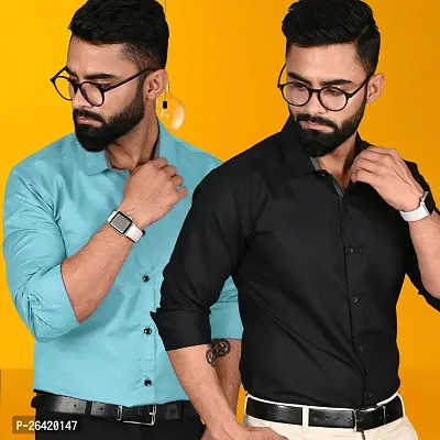 Stylish Cotton Multicoloured Solid Regular Fit Long Sleeves Formal Shirt For Men Pack Of 2