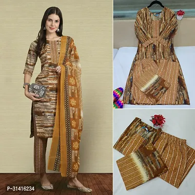 Beautiful Cotton Blend Khaki Printed Kurta Pant And Dupatta Set For Women-thumb0