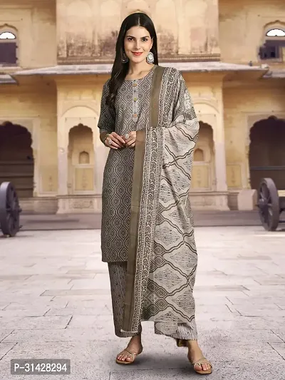 Attractive Grey Printed Cotton Blend Kurta Pant With Dupatta For Women-thumb0