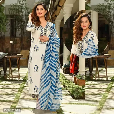 Stylish White Viscose Rayon Printed Kurta Bottom and Dupatta Set For Women-thumb0