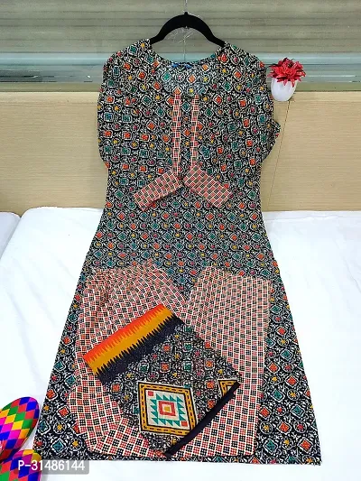 Beautiful Multicoloured Cotton Blend Printed Straight Kurta, Bottom And Dupatta Set For Women-thumb0