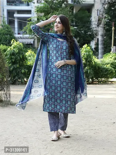 Stylish Blue Cotton Blend Printed Kurta Bottom and Dupatta Set For Women-thumb4