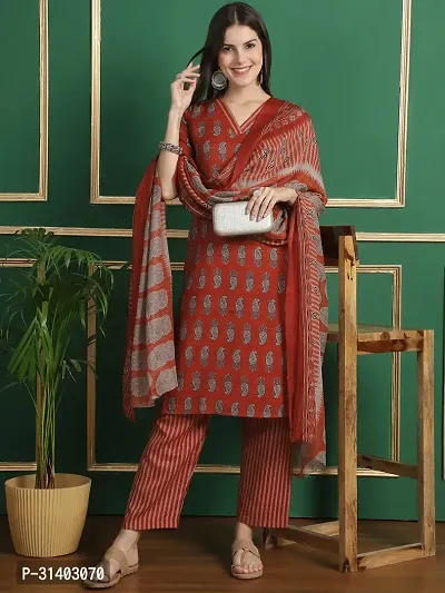 Stylish Red Cotton Blend Kurta, Bottom And Dupatta Set For Women-thumb2