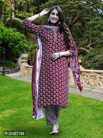 Stylish Maroon Cotton Blend Printed Kurta, Bottom and Dupatta Set For Women-thumb2