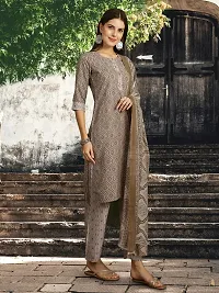 Stylish Grey Melange Cotton Blend Printed Kurta, Bottom and Dupatta Set For Women-thumb3