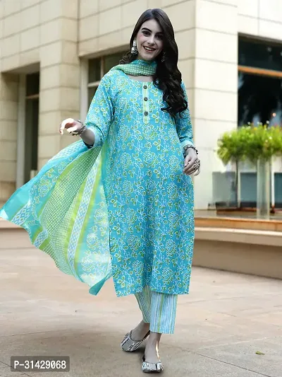 Stylish Turquoise Cotton Blend Printed Kurta, Bottom and Dupatta Set For Women-thumb0