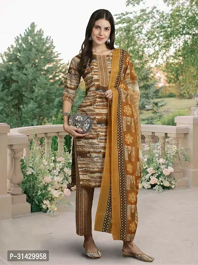 Stylish Khaki Cotton Blend Printed Kurta Bottom and Dupatta Set For Women