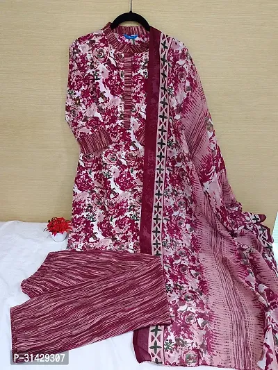 Stylish Maroon Cotton Blend Printed Kurta, Bottom and Dupatta Set for Women-thumb0