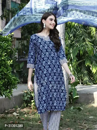 Stylish Navy Blue Cotton Blend Printed Kurta, Bottom and Dupatta Set For women-thumb5